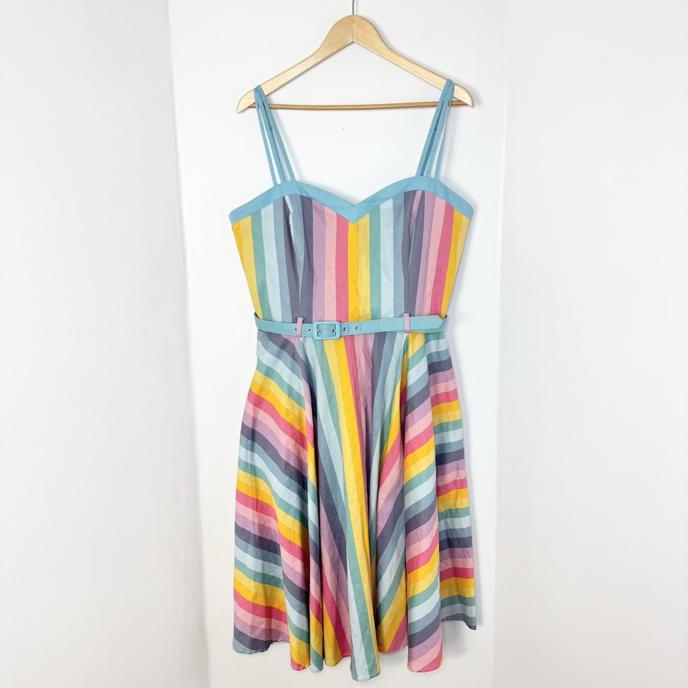 Collectif Rainbow Stripes Swing Dress Size 14 Sleeveless Retro Pin Up Rockabilly